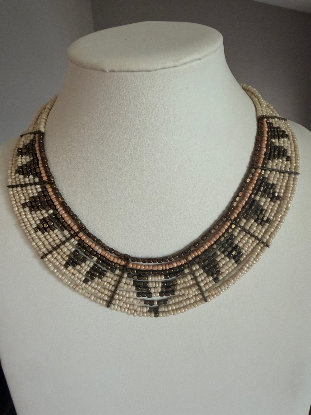 Y2K Handcrafted Seed Bead Collar Necklace in Cream, Black & Copper